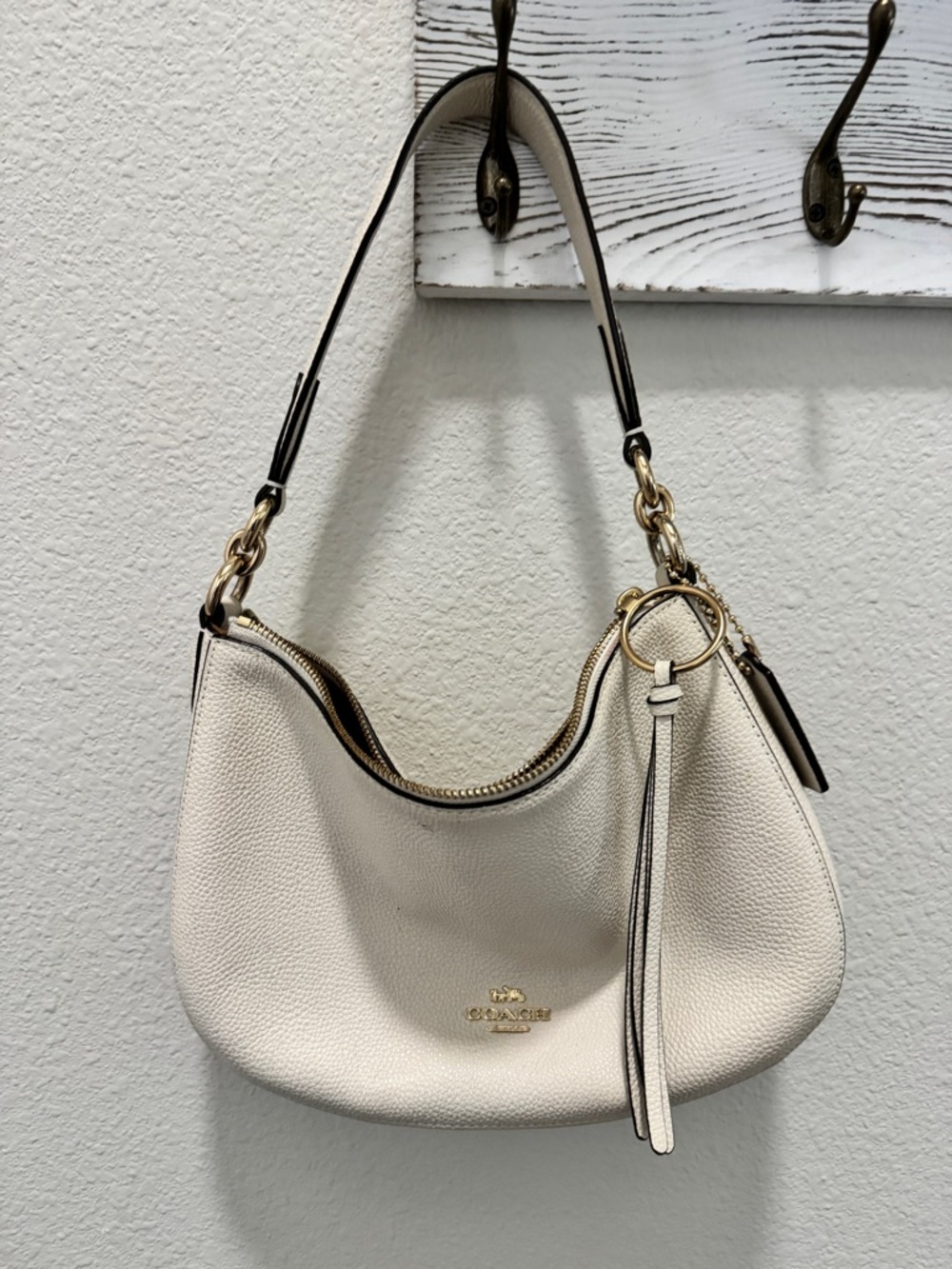 Coach Cream Pebbled Leather Shoulder Hobo with Tassel and Gold Hardware